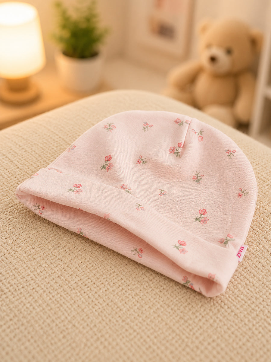 Ziva Baby Sleepsuit with Cap – Knitted Cotton Front Zip, Fold-Over Mittens & Integrated Booties | Soft Blush Pink | Blush Wildflower Print