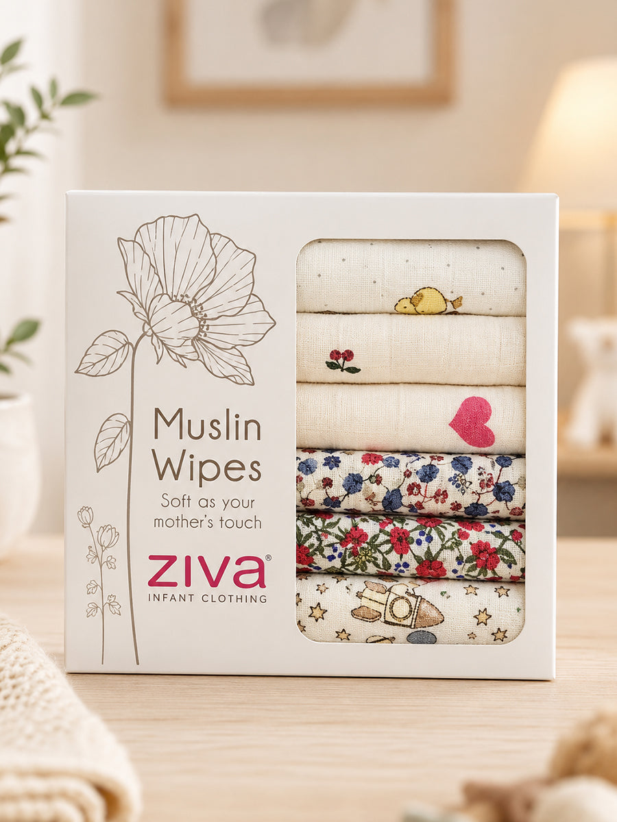 Ziva Baby Wipes – Double Layer Muslin Cotton | 9 × 9 Inch | Sweetheart Assorted Print Pack | 6 Pieces