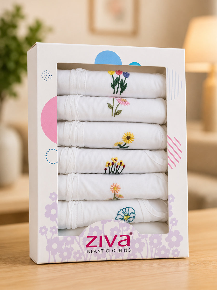 Ziva Premium Cotton Embroidery Jabla – Front Tie Newborn Baby Wear | Floral Design | 6 Pieces