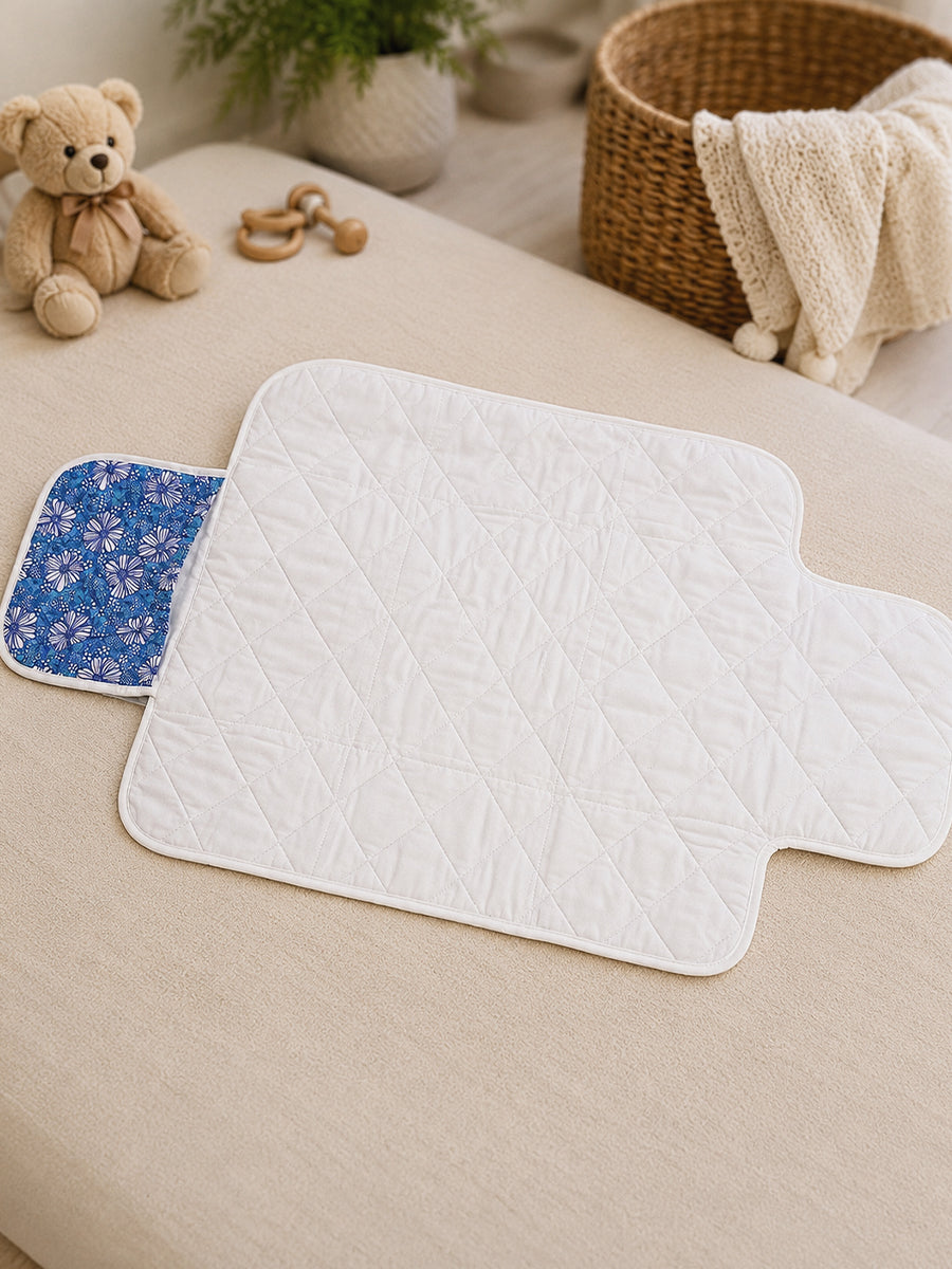 Ziva Baby Nappy & Diaper Changing Sheet – Foldable Travel Changing Mat with Storage Pocket | Blue Daisy Bloom Print