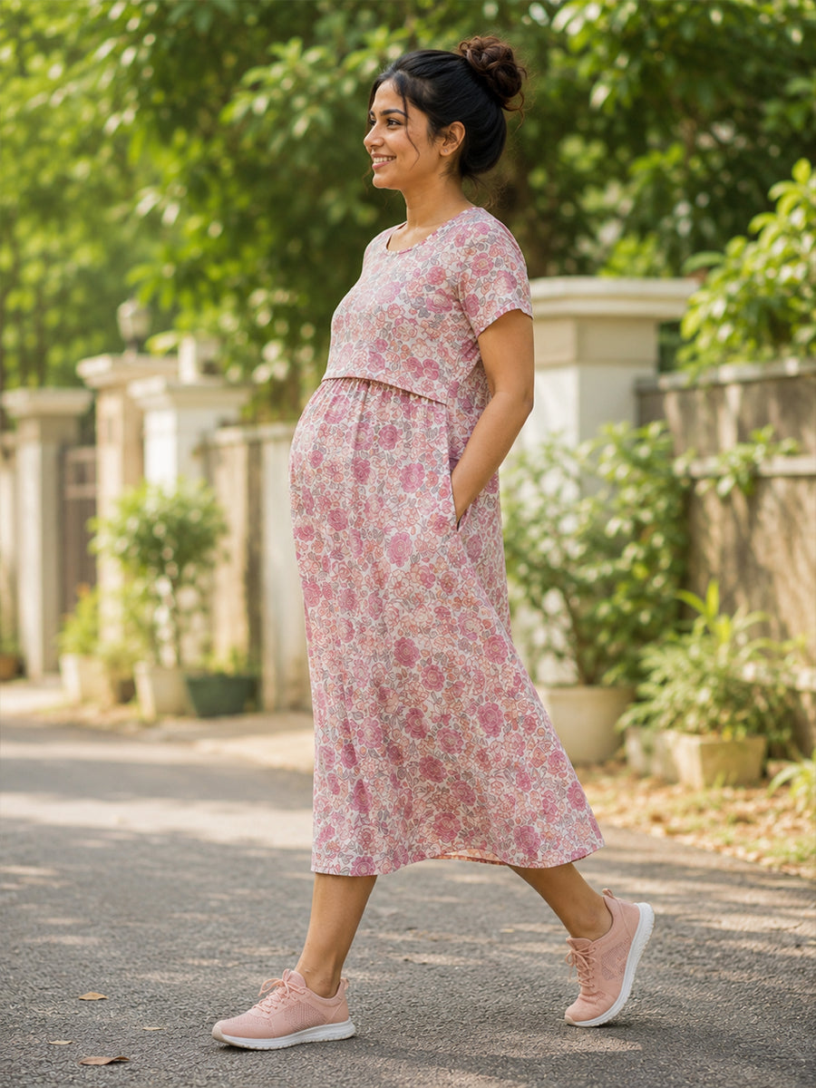 Ziva Zipless Maternity & Feeding Knitted Dress with Adjustable Tie & Side Pocket – Vintage Rose Garden Print