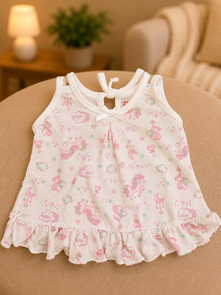 Ziva Premium Knitted Cotton Baby Frock – Breathable Mesh Fabric with Adjustable Shoulder Tie | Assorted Prints | 3 Pieces