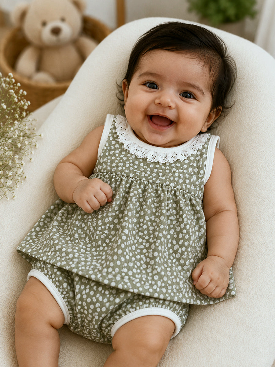 Ziva Knitted Cotton Baby Frock with Pantie Set | Lace Neck Detail & Adjustable Back Tie | Snowflake Dot Print