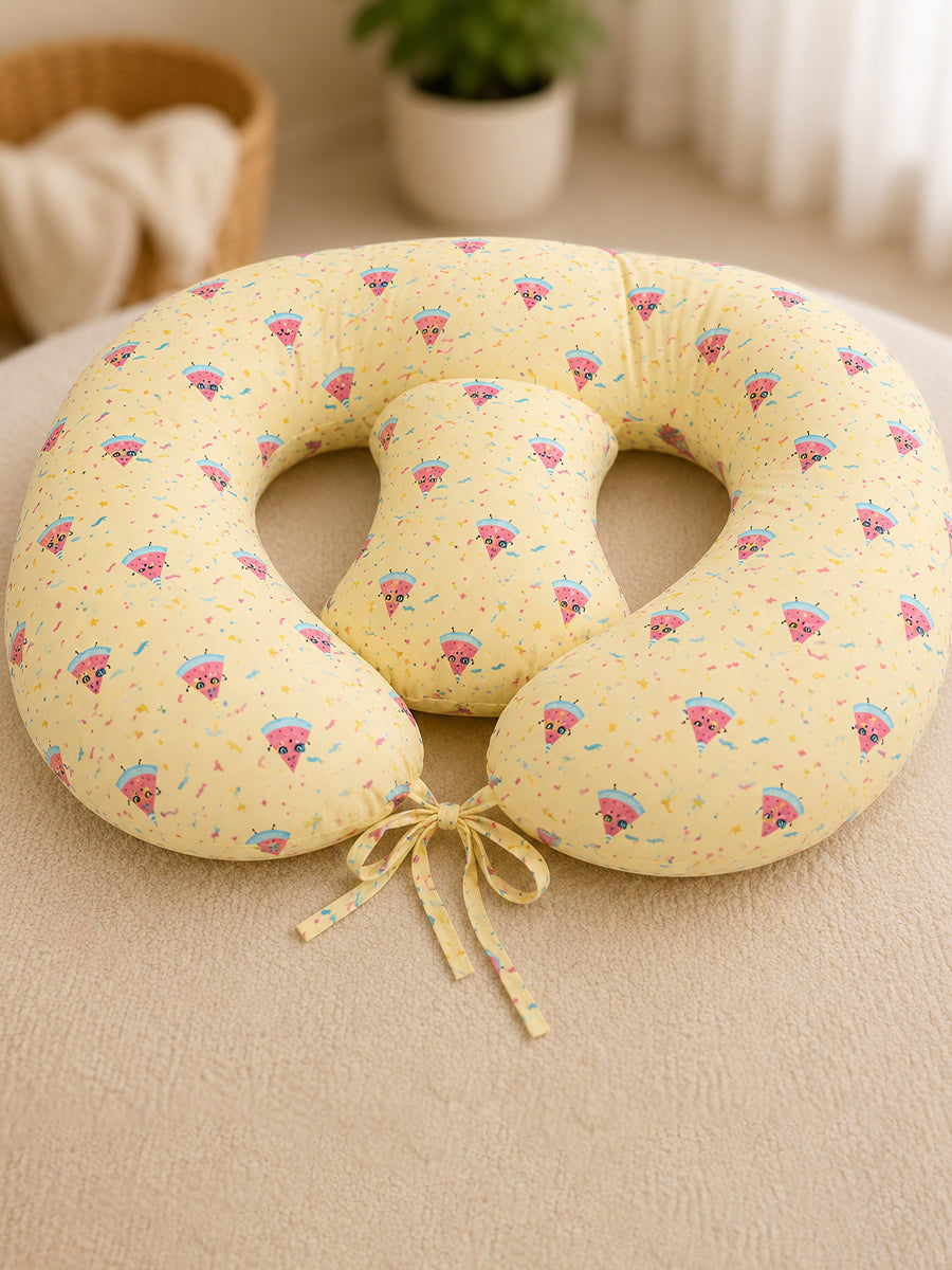 Ziva Multipurpose Twin Feeding Pillow – Cotton with Back Support & Adjustable Tie | Soft Yellow Watermelon Sprinkle Print