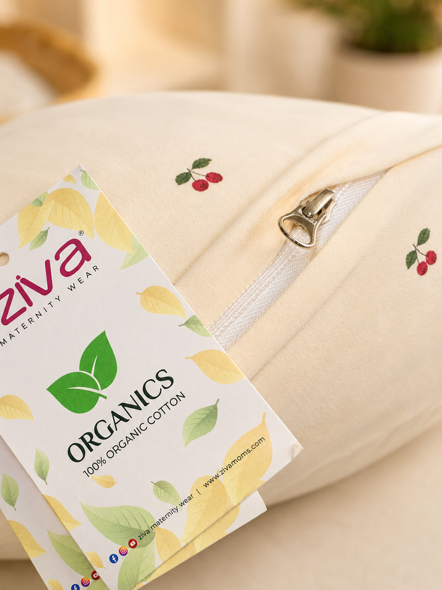 Ziva Multipurpose Twin Feeding Pillow – Organic Cotton with Back Support & Adjustable Tie | Berry Bloom Print | Light Cream