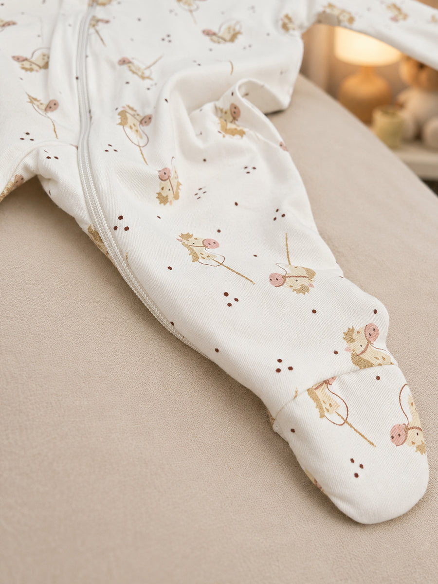 Ziva Baby Sleepsuit with Cap – Knitted Cotton Front Zip, Fold-Over Mittens & Integrated Booties | Soft Off White | Little Monkey Print