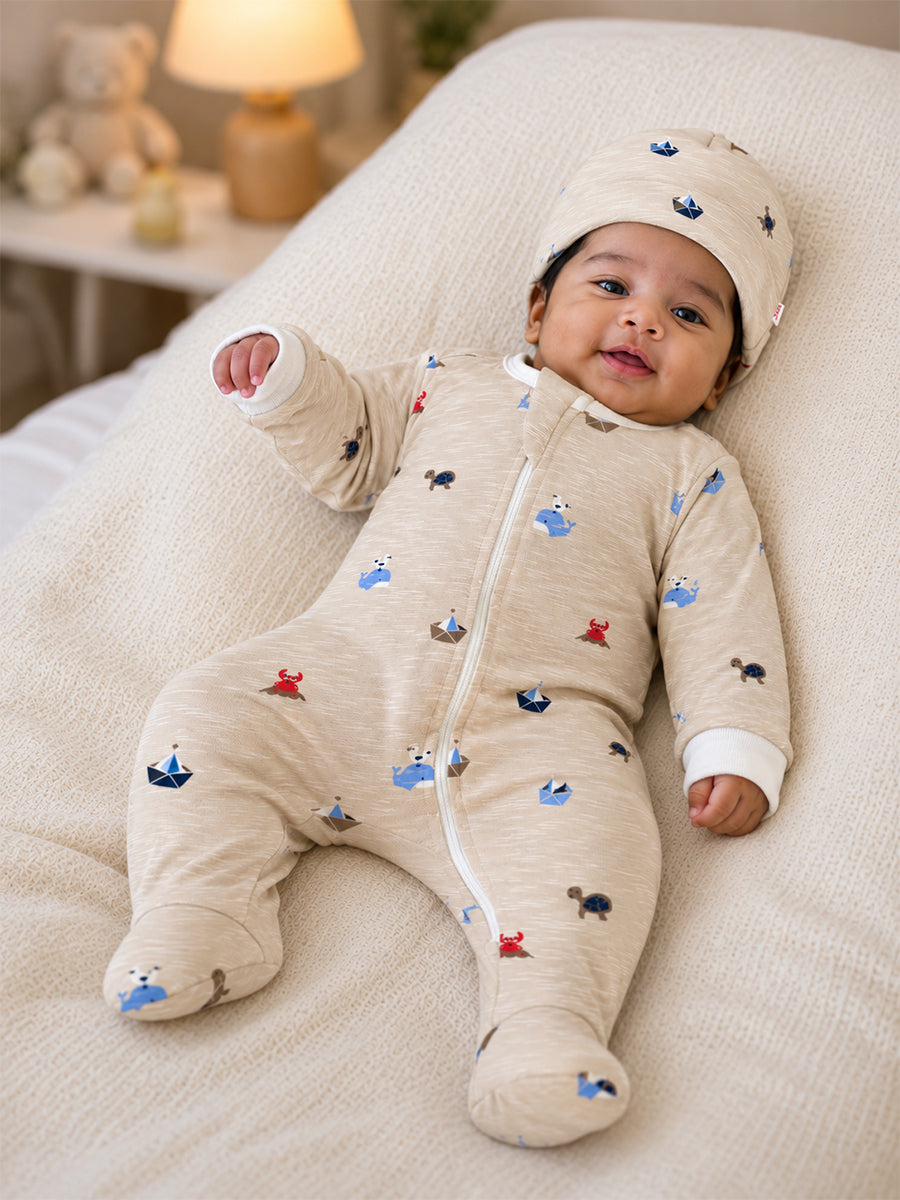 Ziva Baby Sleepsuit with Cap – Knitted Cotton Front Zip, Fold-Over Mittens & Integrated Booties | Warm Ash Grey | Little Ocean Adventure Print
