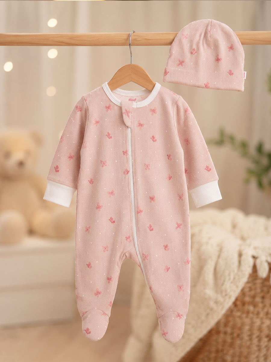 Ziva Baby Sleepsuit with Cap – Knitted Cotton Front Zip, Fold-Over Mittens & Integrated Booties | Blush Peach Pink | Tiny Butterfly Print