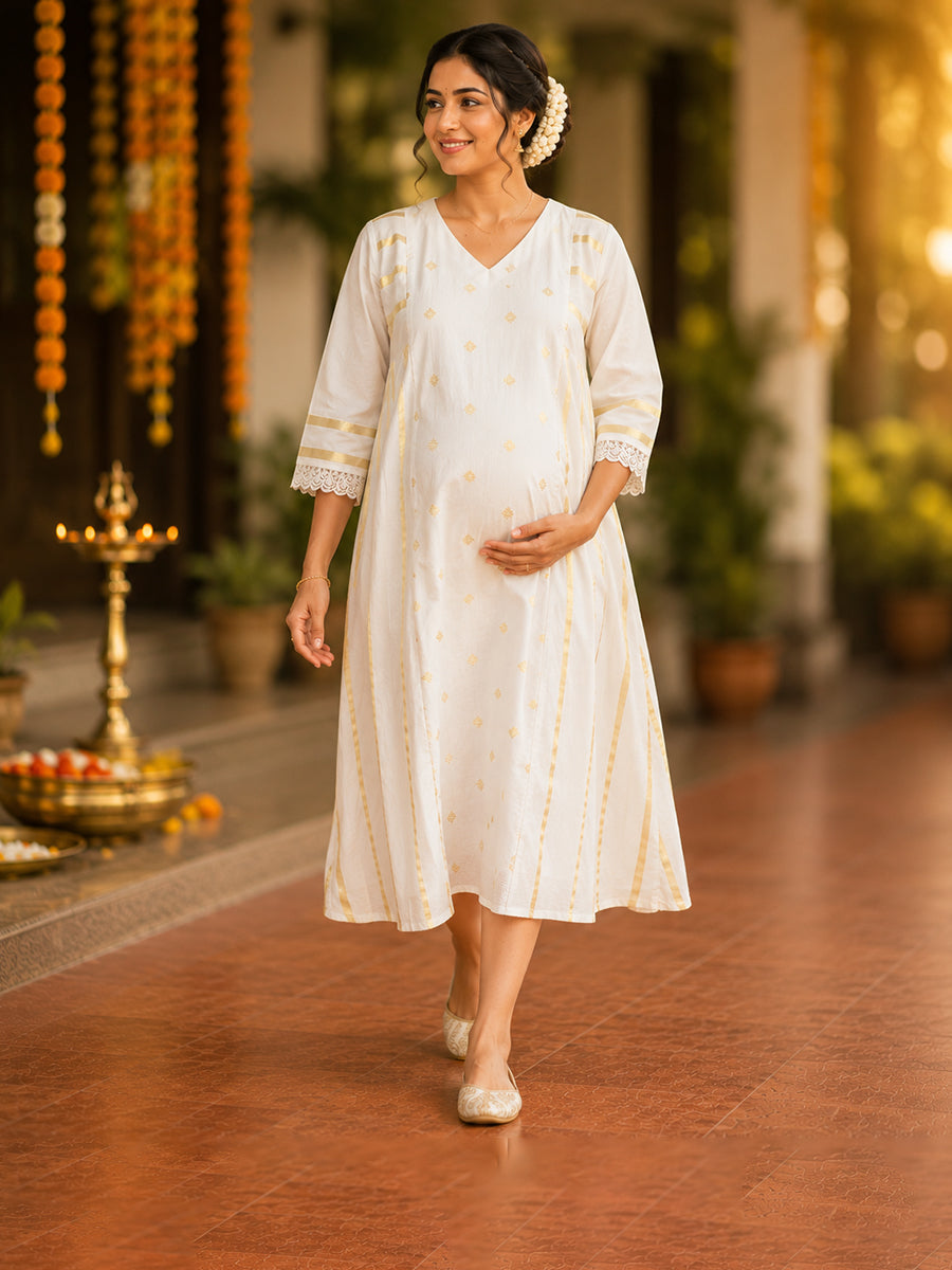 Ziva Onam Maternity & Feeding Dress | Onakodi | Light Cream Handloom Cotton with Gold Stripes | Invisible Feeding Zips & Side Pocket
