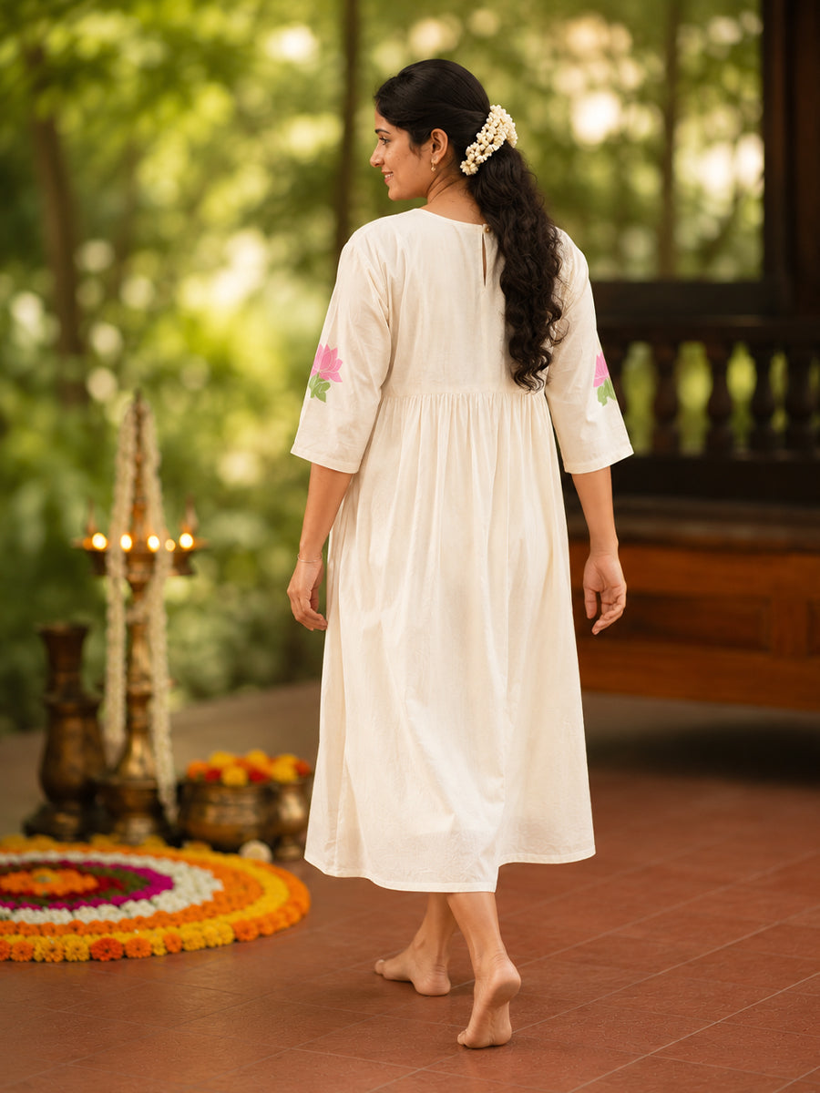 Ziva Onam Maternity & Feeding Dress | Onakodi | Light Cream Lotus Print | Invisible Feeding Zips & Side Pocket