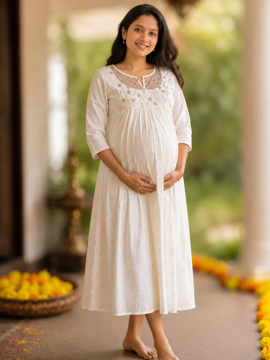 Ziva Onam Maternity & Feeding Dress | Onakodi | Light Cream Handloom Cotton with Designer Net Yoke | Invisible Feeding Zips & Side Pocket