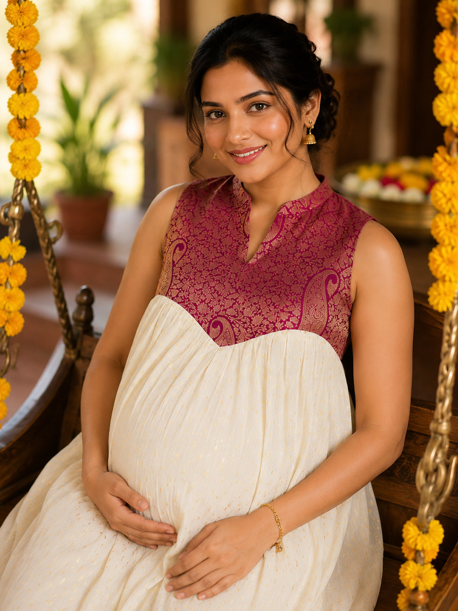 Ziva Onam Maternity & Feeding Sleeveless Dress | Onakodi | Light Cream Handloom Cotton with Burgundy Banarasi Yoke | Hidden Feeding Zips & Side Pocket