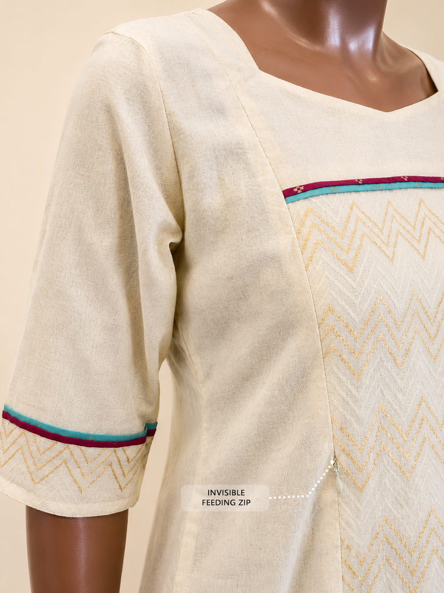 Ziva Onam Maternity & Feeding Dress | Onakodi | Light Cream Cotton | Square Neck | Invisible Feeding Zips & Side Pocket