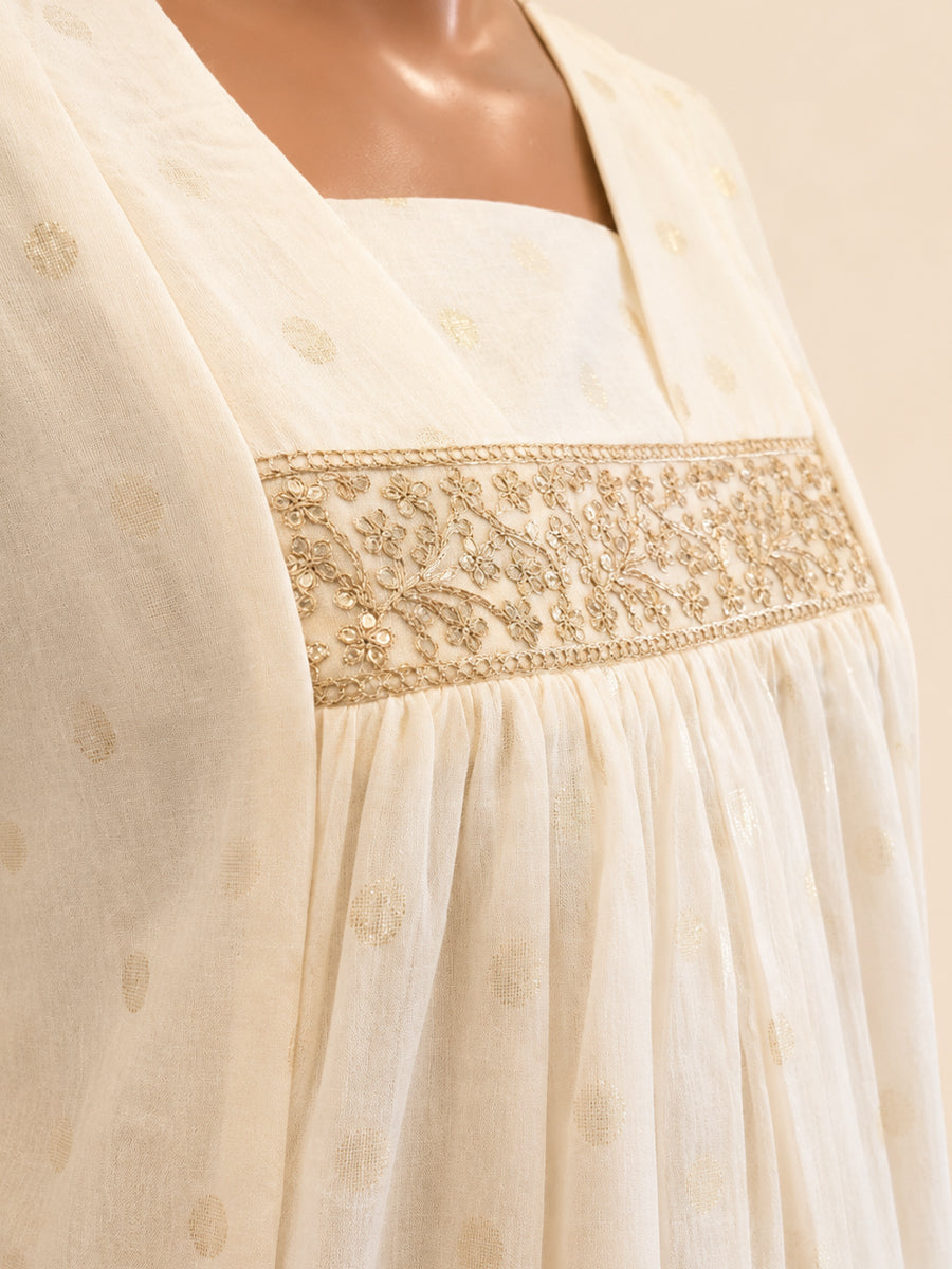 Ziva Onam Maternity & Feeding Dress | Onakodi | Light Cream Gold Butta Textured Cotton | Invisible Feeding Zips & Side Pocket