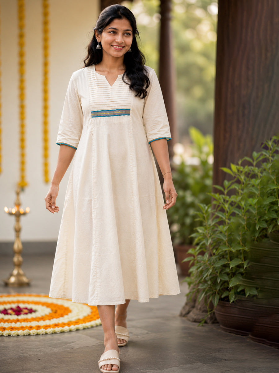 Ziva Onam Maternity & Feeding Dress | Onakodi | Light Cream with Blue & Gold Trim Lace | Invisible Feeding Zips & Side Pocket