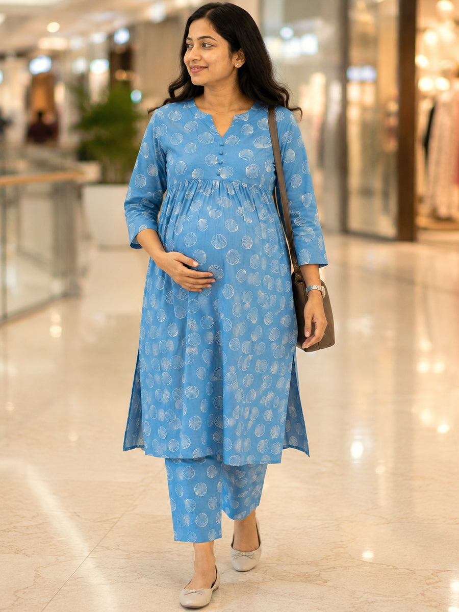 Ziva Maternity & Feeding Cotton Co-ord Set with Side Zips & Pockets – Teal Blue Seashell Print