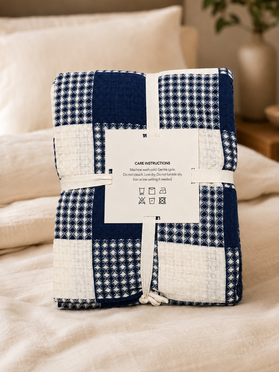 Ziva Premium Organic Cotton Waffle Blanket | Navy Blue & White | Multipurpose Pregnancy to Family Blanket | Soft & Breathable |Size- King, Queen, Twin