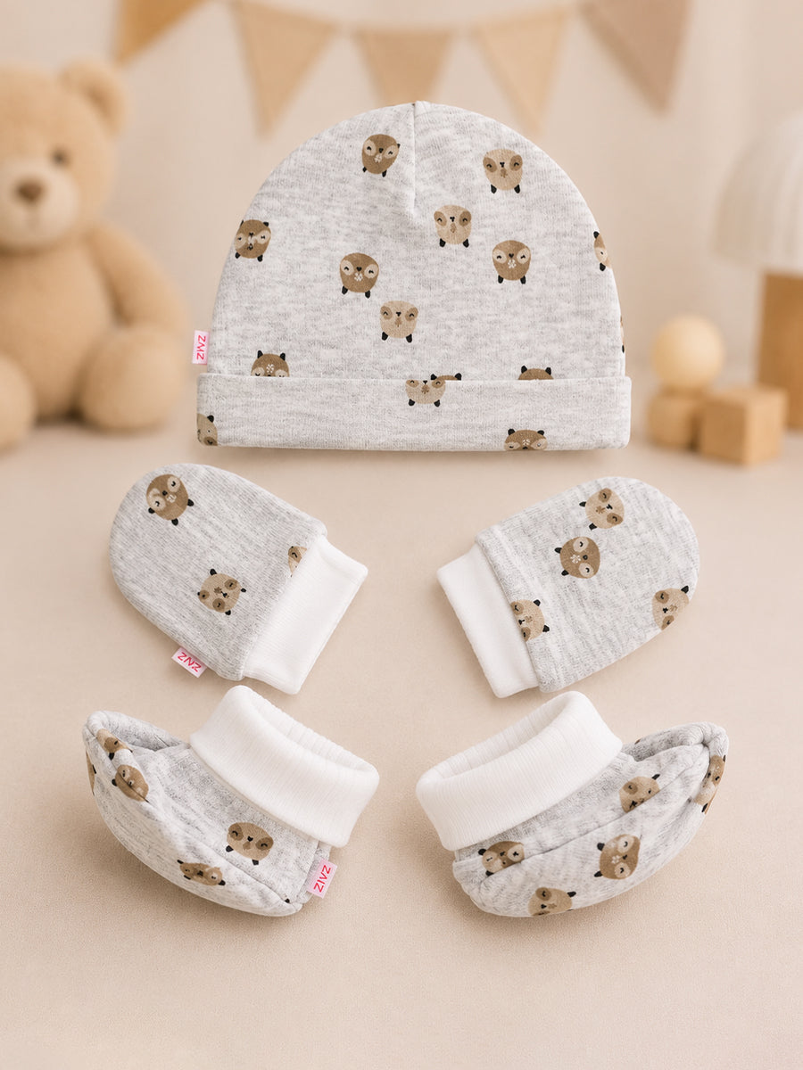 Ziva Baby Cap, Mitten & Bootie Set – Cute Owl Print | Knitted Cotton