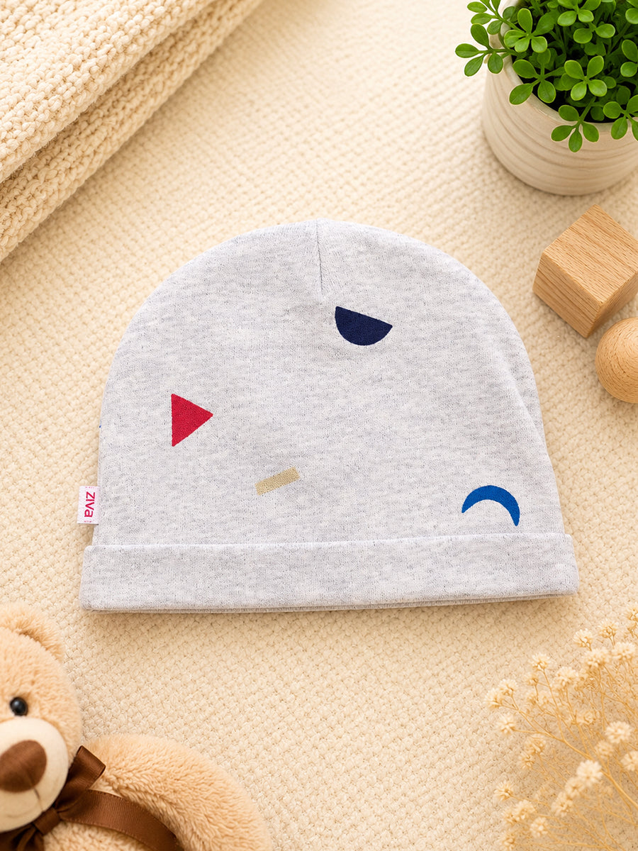 Ziva Baby Cap, Mitten & Bootie Set – Geometric Shapes Print | Knitted Cotton