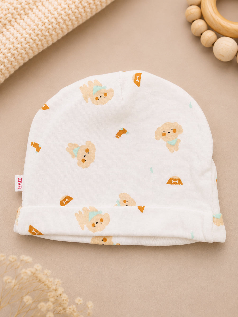 Ziva Baby Cap, Mitten & Bootie Set – Cute Teddy Bear Print | Knitted Cotton