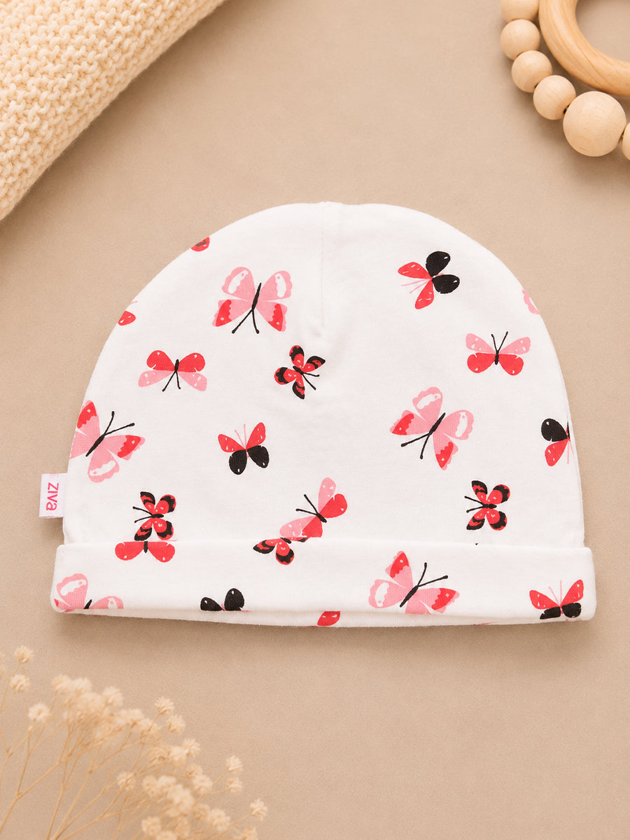 Ziva Baby Cap, Mitten & Bootie Set – Cute Butterfly Print | Knitted Cotton