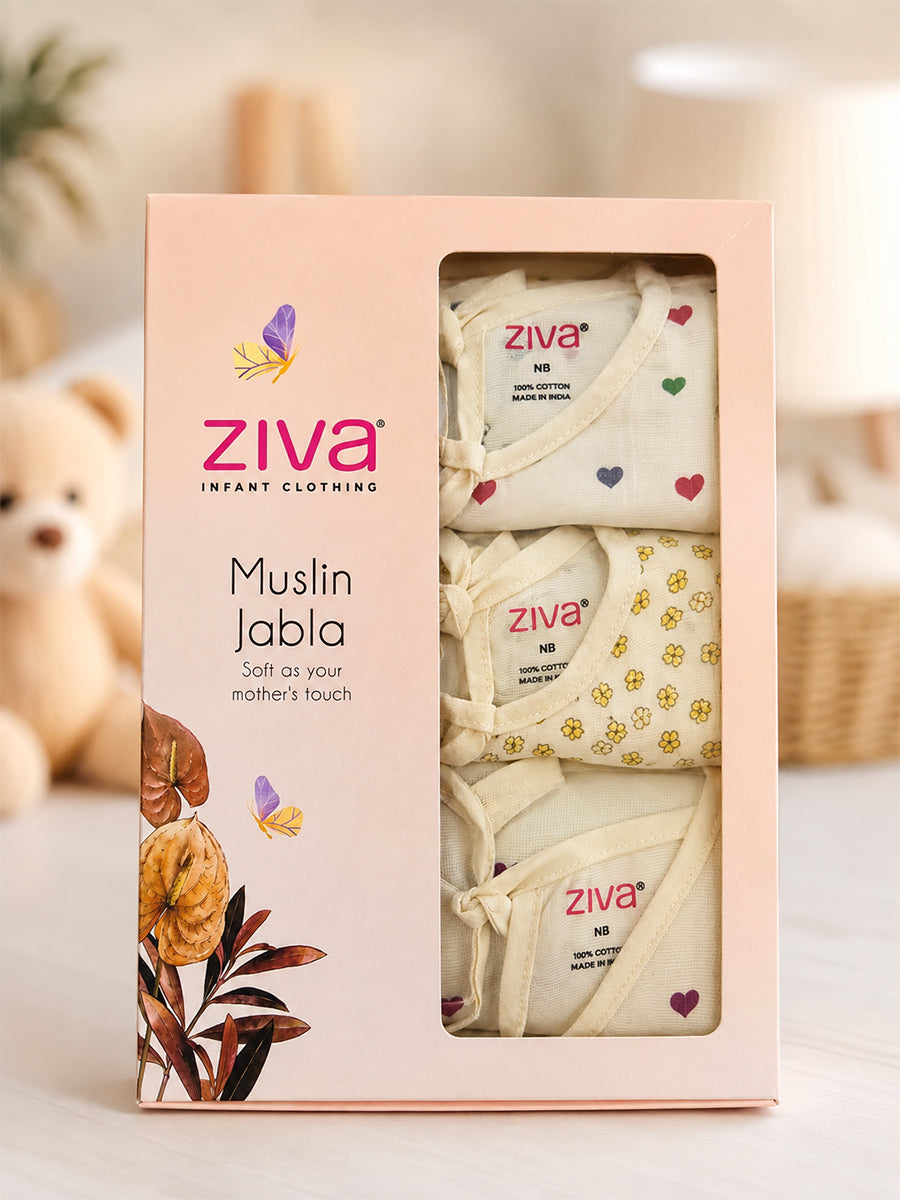 Ziva Premium Muslin Baby Jabla – Side Open Tie-Up | Pack of 3 Assorted Prints (Print Details: Check Product Description)