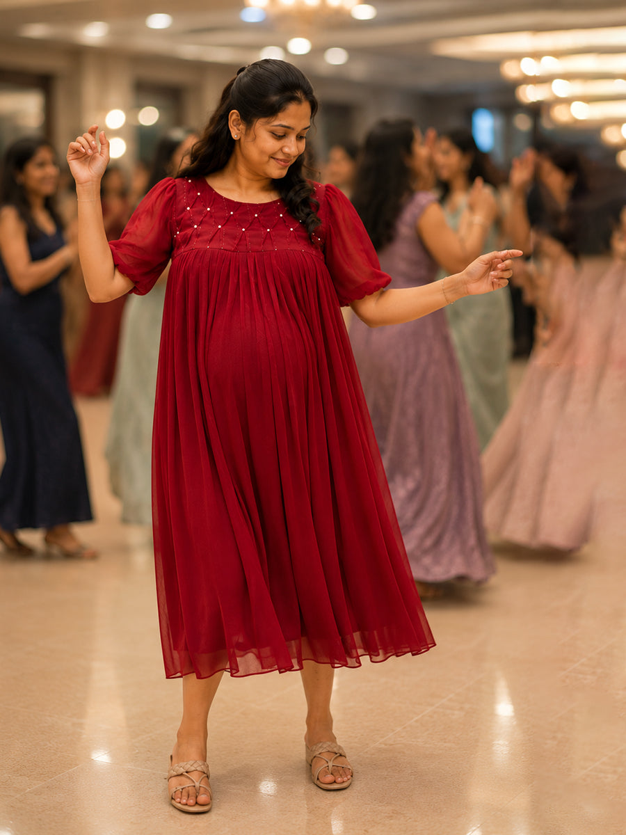 Ziva Maternity & Feeding Multipurpose Party Wear Dress – Dark Cherry Red | Concealed Feeding Zips
