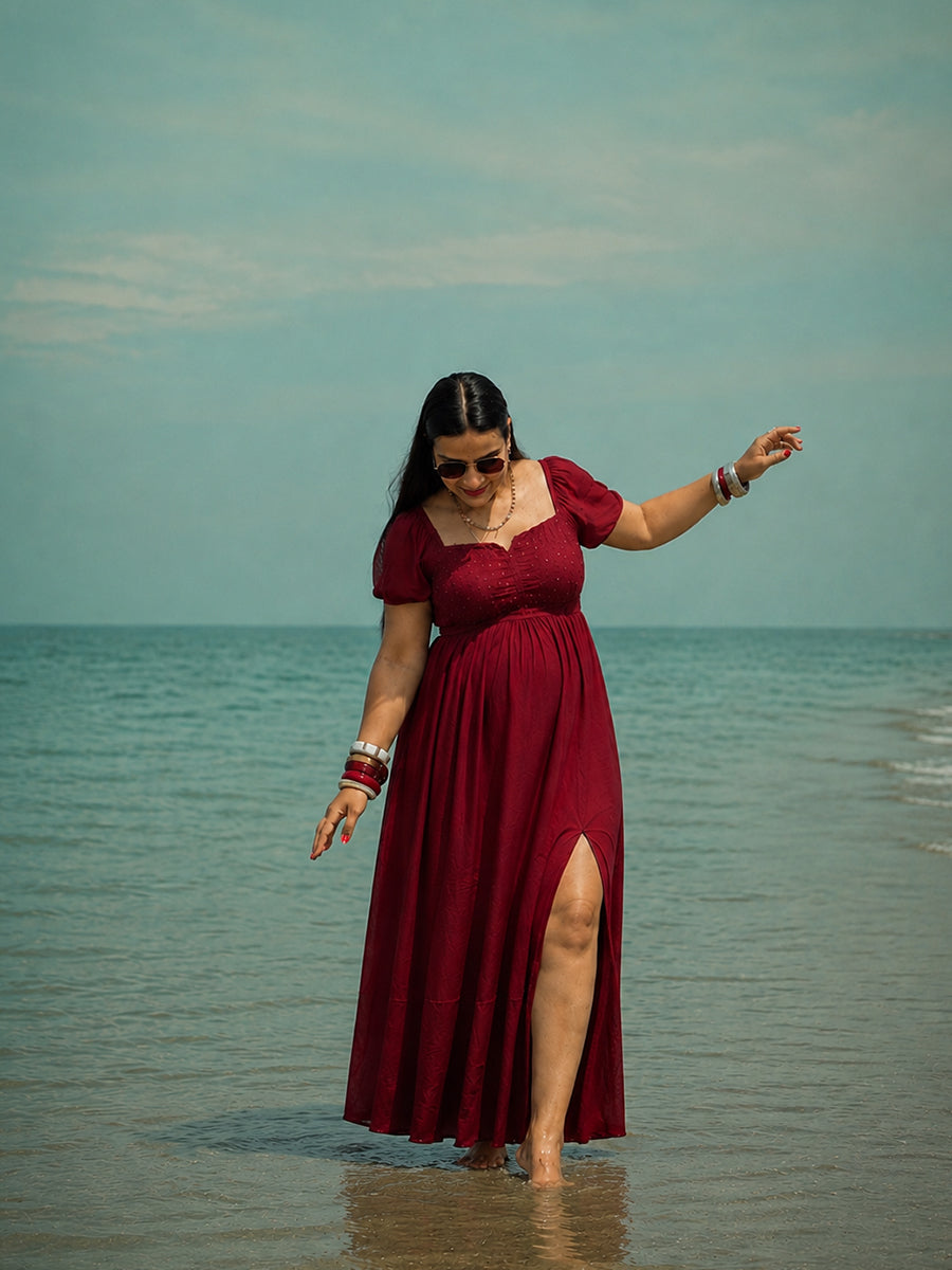 Ziva Cherry Red Multipurpose Maternity Photoshoot & Baby Shower Gown | Full-Length Gown