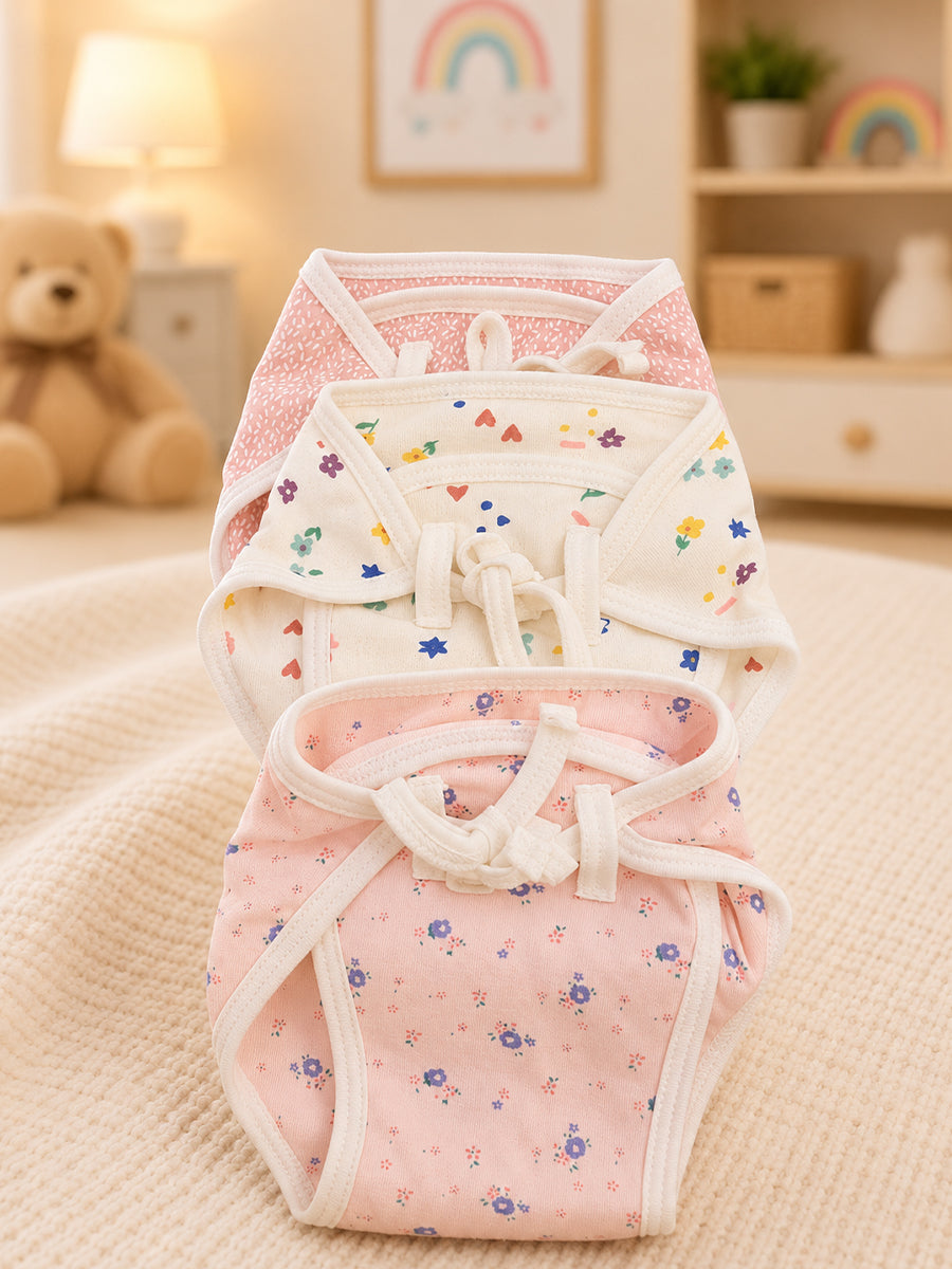 Ziva 3 Piece Nappy – Baby Girl | Premium Adjustable Tie Nappy | Knitted Cotton | Lightly Padded Attached Insert | Assorted Pink & Off-White Prints (Print Details: Check Product Description)