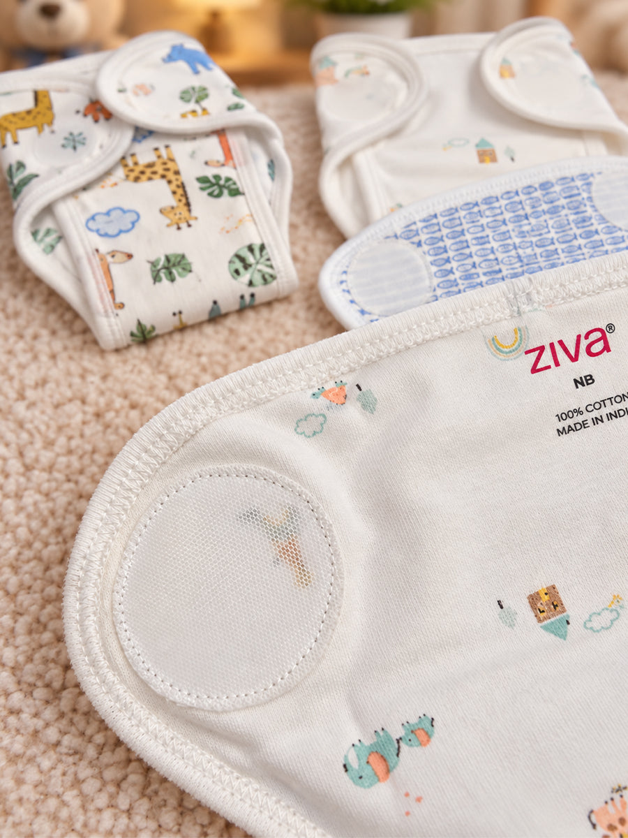 Ziva 3 Piece Velcro Nappy – Baby Boy | Premium Knitted Cotton | Lightly Padded Attached Insert | Assorted White, Off-White & Blue Prints