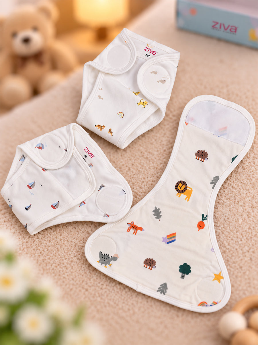Ziva 3 Piece Velcro Nappy – Baby Boy | Premium Knitted Cotton | Lightly Padded Attached Insert | Assorted White & Off-White Prints