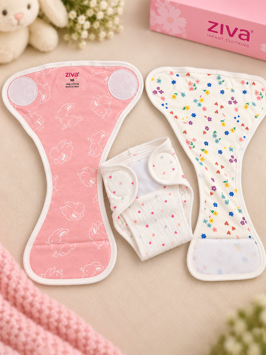 Ziva 3 Piece Velcro Nappy – Baby Girl | Premium Knitted Cotton | Lightly Padded Attached Insert | Assorted Off-White, White & Pink Prints