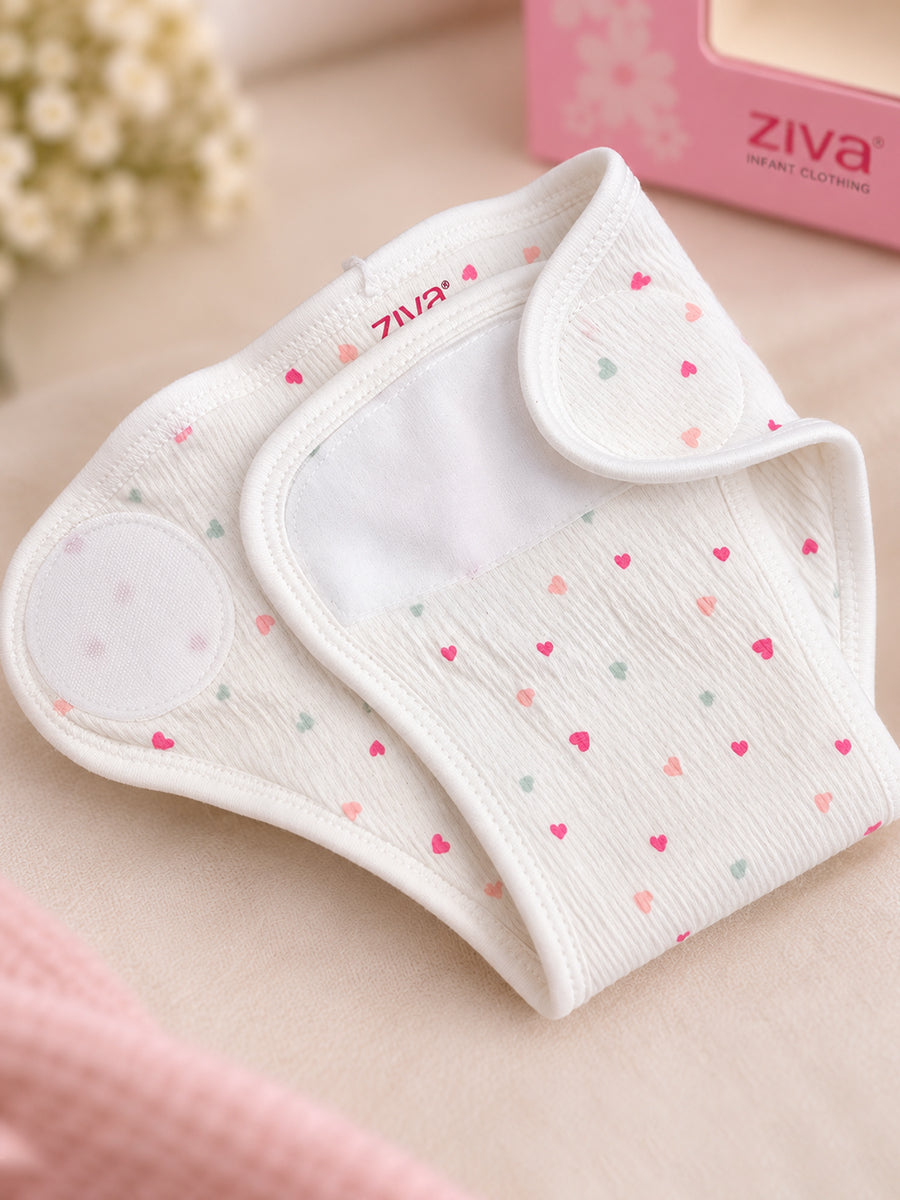 Ziva 3 Piece Velcro Nappy – Baby Girl | Premium Knitted Cotton | Lightly Padded Attached Insert | Assorted Pink & Off-White Prints