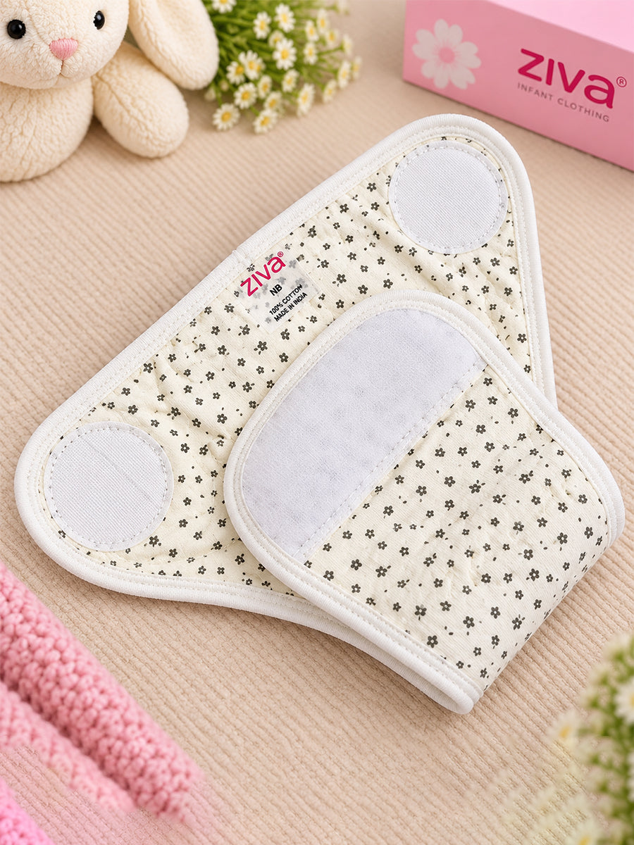 Ziva 3 Piece Velcro Nappy – Unisex | Premium Knitted Cotton | Lightly Padded Attached Insert | Assorted Beige, White & Off-White Prints