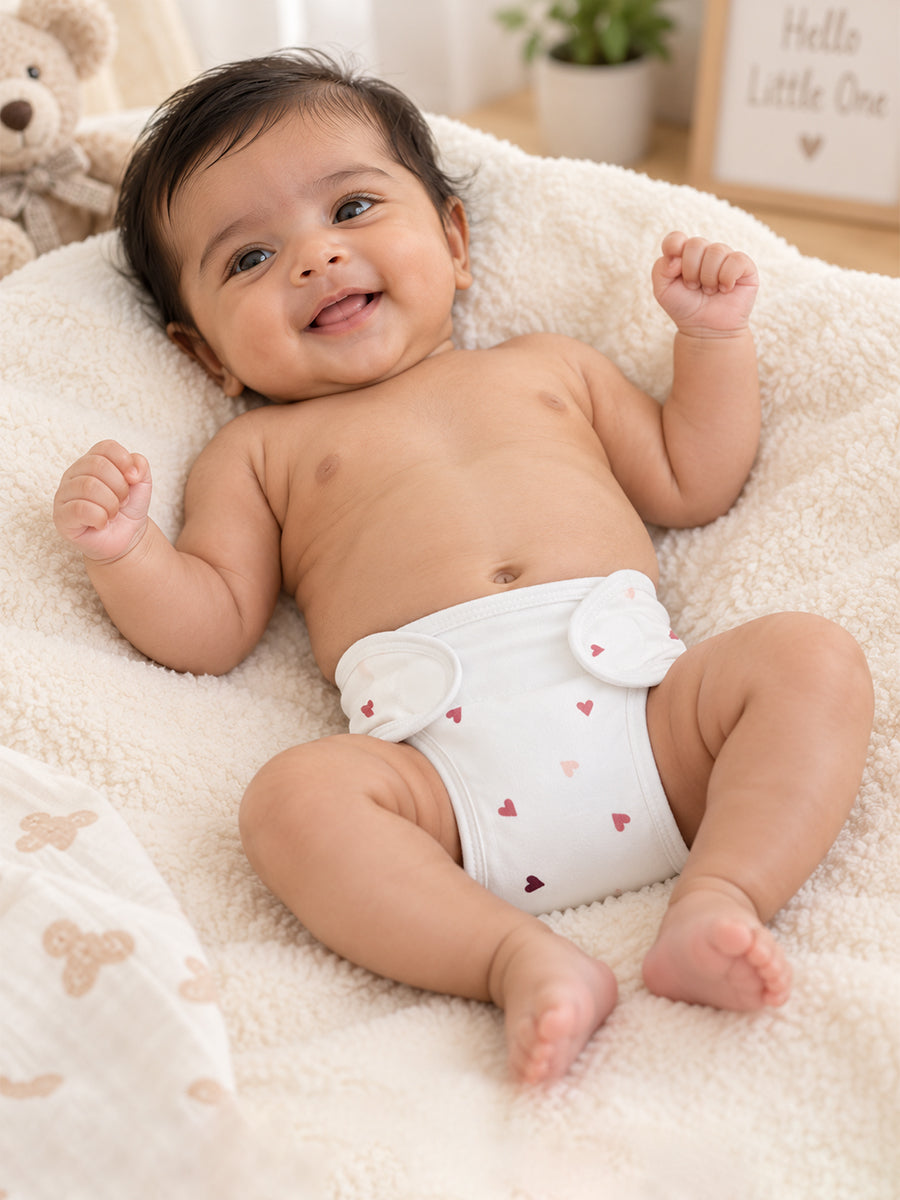 Ziva 3 Piece Velcro Nappy – Unisex | Premium Knitted Cotton | Lightly Padded Attached Insert | Assorted White, Off-White & Beige Prints
