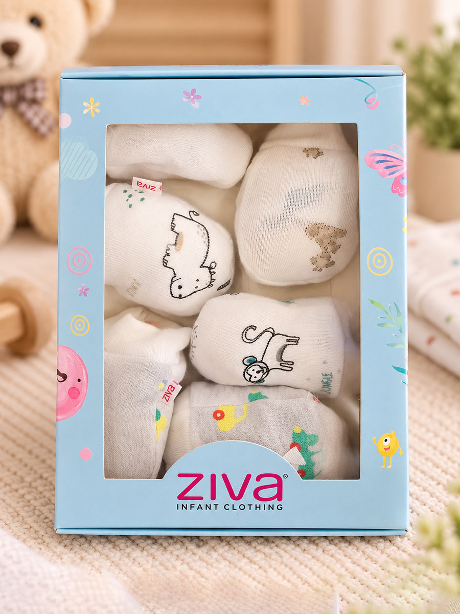 Ziva Premium Baby Mittens – Pack of 3 Pairs | Knitted Cotton | Assorted Baby Boy Prints (Print Details: Check Product Description)