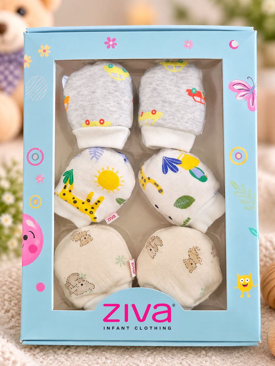 Ziva Premium Baby Mittens – Pack of 3 Pairs | Knitted Cotton | Assorted Baby Boy Prints – Vehicle, Giraffe & Teddy Theme (Print & Colour Details: Check Product Description)