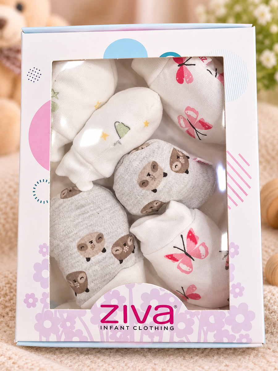 Ziva Premium Baby Mittens – Pack of 3 Pairs | Knitted Cotton | Assorted Unisex Prints – Star, Butterfly & Teddy Theme (Print & Colour Details: Check Product Description)