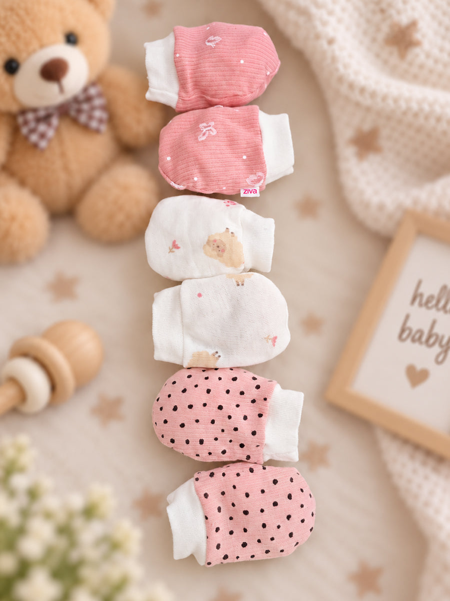Ziva Premium Baby Mittens – Pack of 3 Pairs | Knitted Cotton | Assorted Baby Girl Prints – Bunny, Teddy & Polka Dot Theme (Print & Colour Details: Check Product Description)
