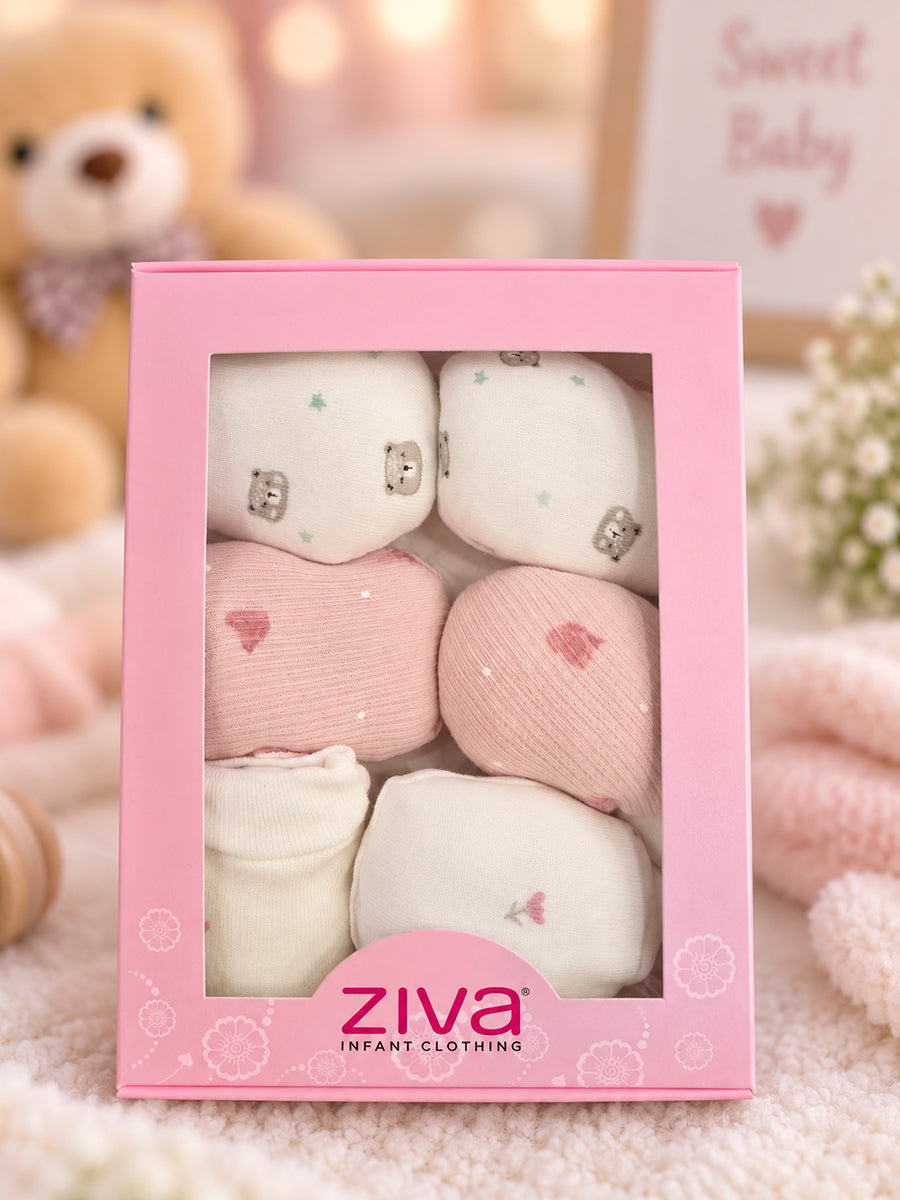 Ziva Premium Baby Mittens – Pack of 3 Pairs | Knitted Cotton | Assorted Baby Girl Prints – Character, Teddy & Bow Theme (Print & Colour Details: Check Product Description)