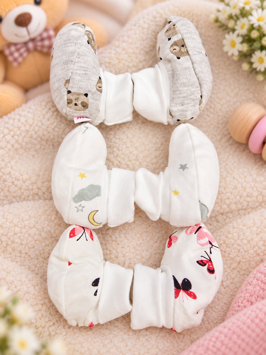 Ziva Premium Baby Booties – Pack of 3 Pairs | Knitted Cotton | Assorted Unisex Prints – Teddy, Butterfly & Cloud & Star Theme (Print & Colour Details: Check Product Description)