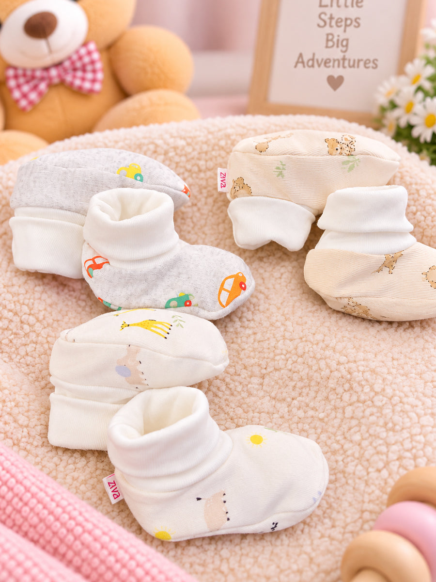 Ziva Premium Baby Booties – Pack of 3 Pairs | Knitted Cotton | Assorted Baby Boy Prints – Vehicle, Teddy & Minimal Character Theme (Print & Colour Details: Check Product Description)