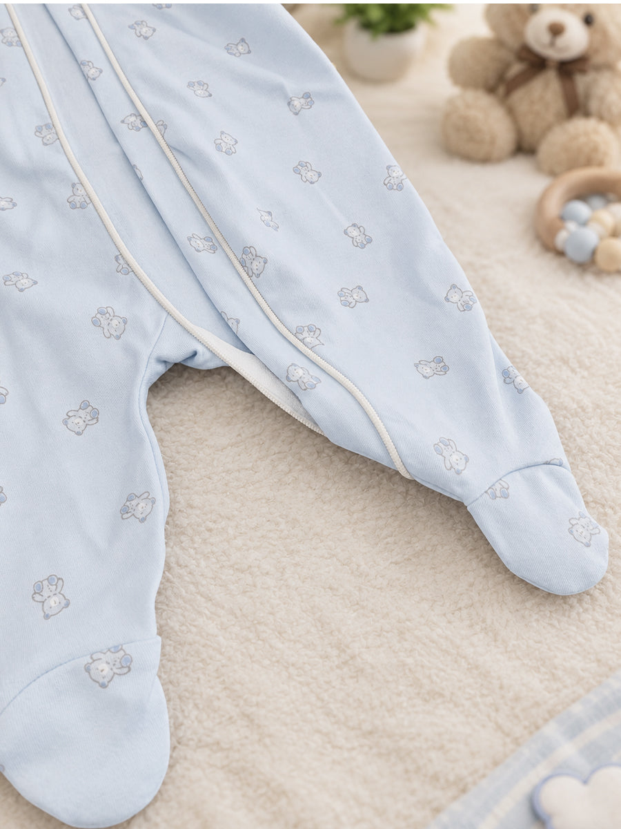 Ziva Baby Sleepsuit with Cap – Powder Blue Tiny Teddy Print | Premium Knitted Cotton | Front Zip | Fold-Over Mittens & Integrated Booties