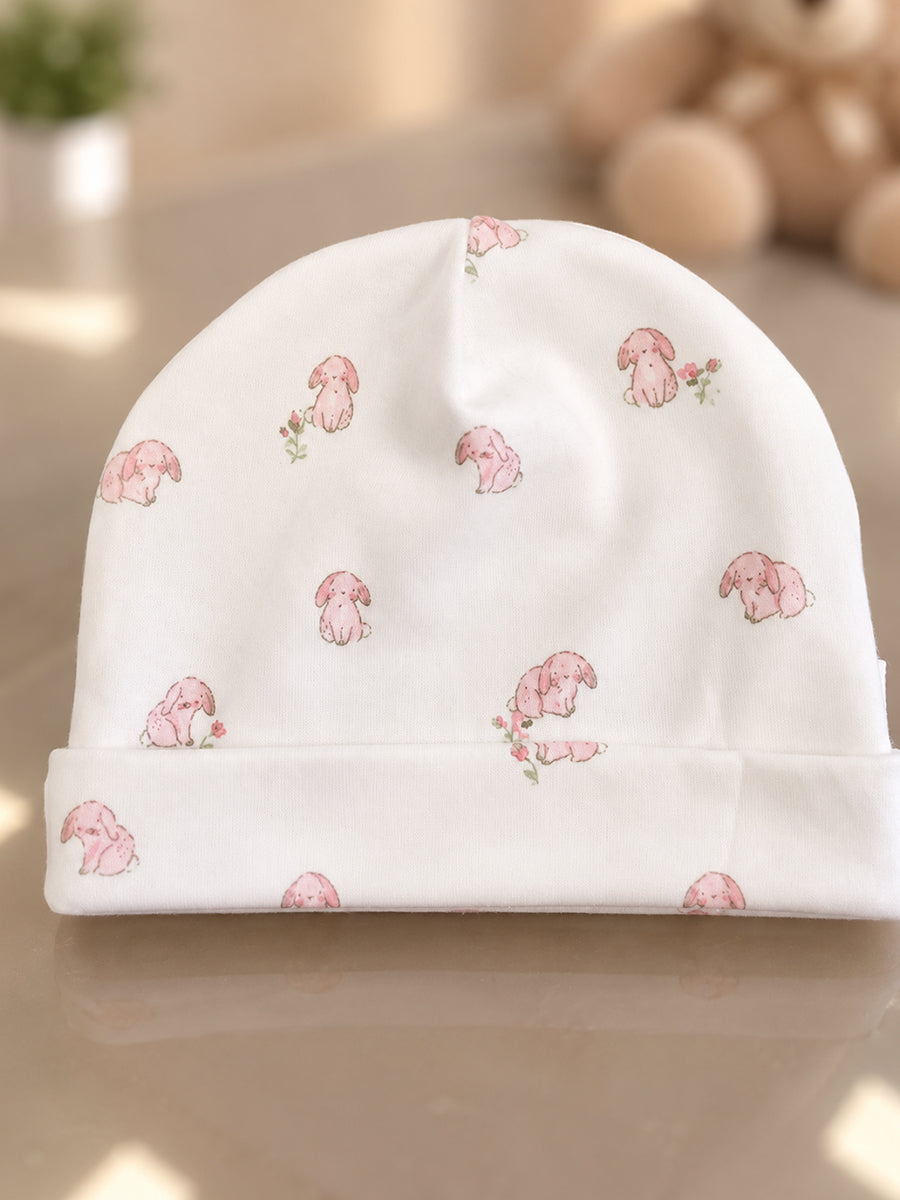 Ziva Baby Sleepsuit with Cap – Off White Tiny Bunny Print | Premium Knitted Cotton | Front Zip | Fold-Over Mittens & Integrated Booties