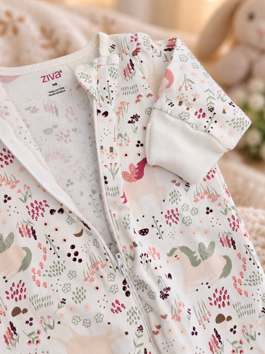 Ziva Baby Sleepsuit with Cap – Off White Unicorn Garden Print | Premium Knitted Cotton | Front Zip | Fold-Over Mittens & Integrated Booties