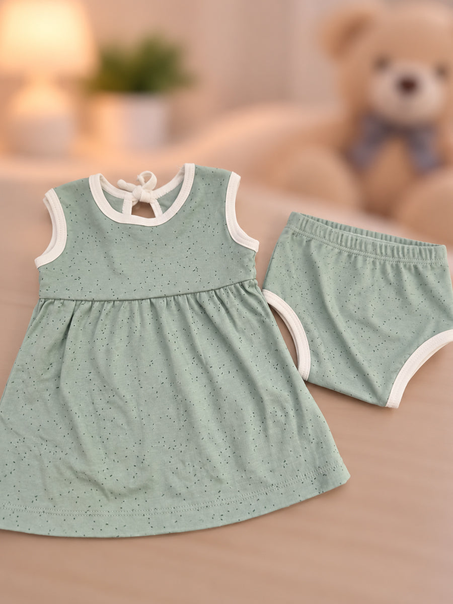 Ziva Baby Girl Frock with Pantie – Sage Green Speckled Print | Premium Knitted Cotton | Back Adjustable Tie | 2-Piece Set