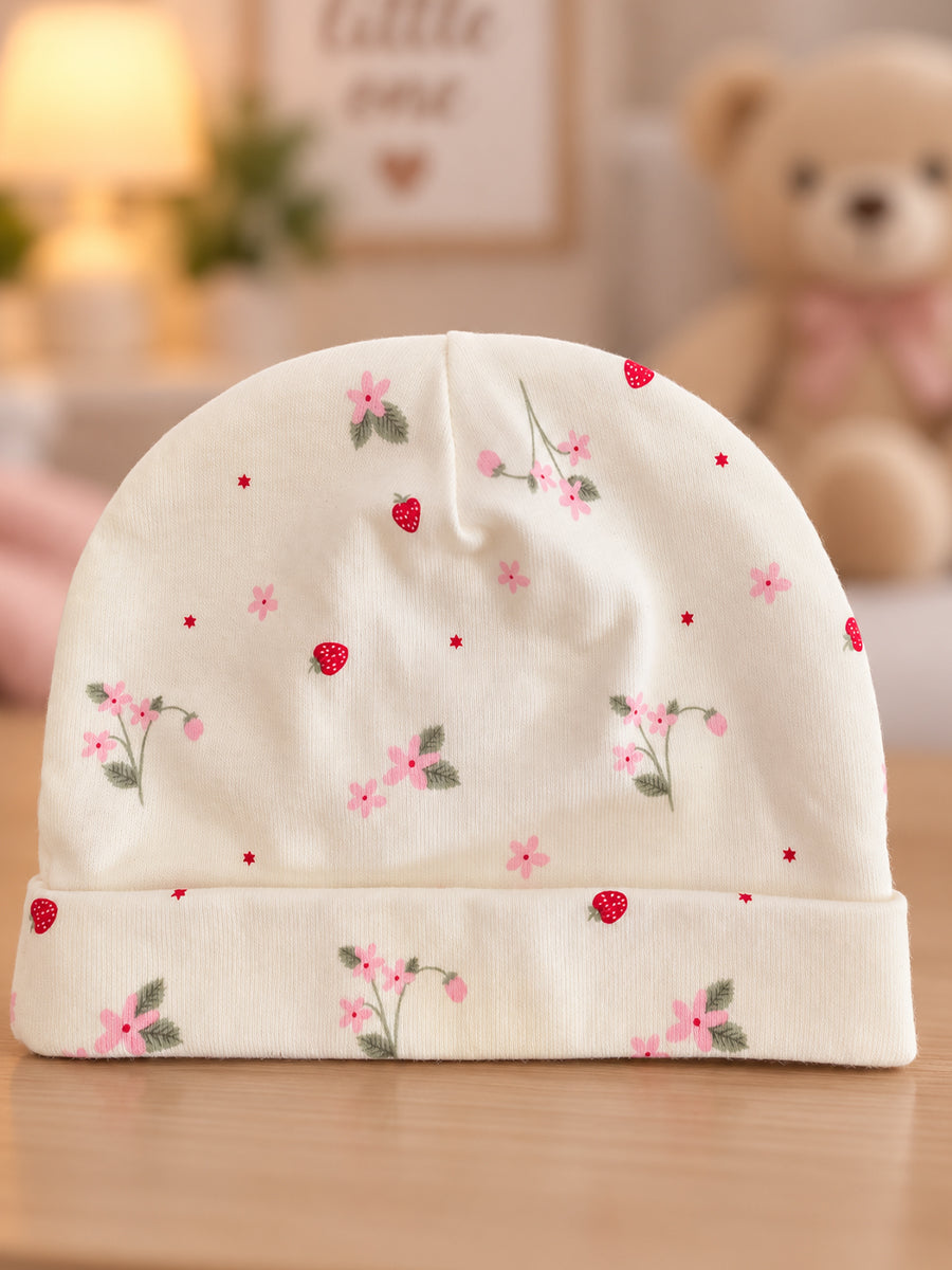 Ziva Baby Sleepsuit with Cap – Off White Tiny Strawberry Blossom Print | Premium Knitted Cotton | Front Zip | Fold-Over Mittens & Integrated Booties