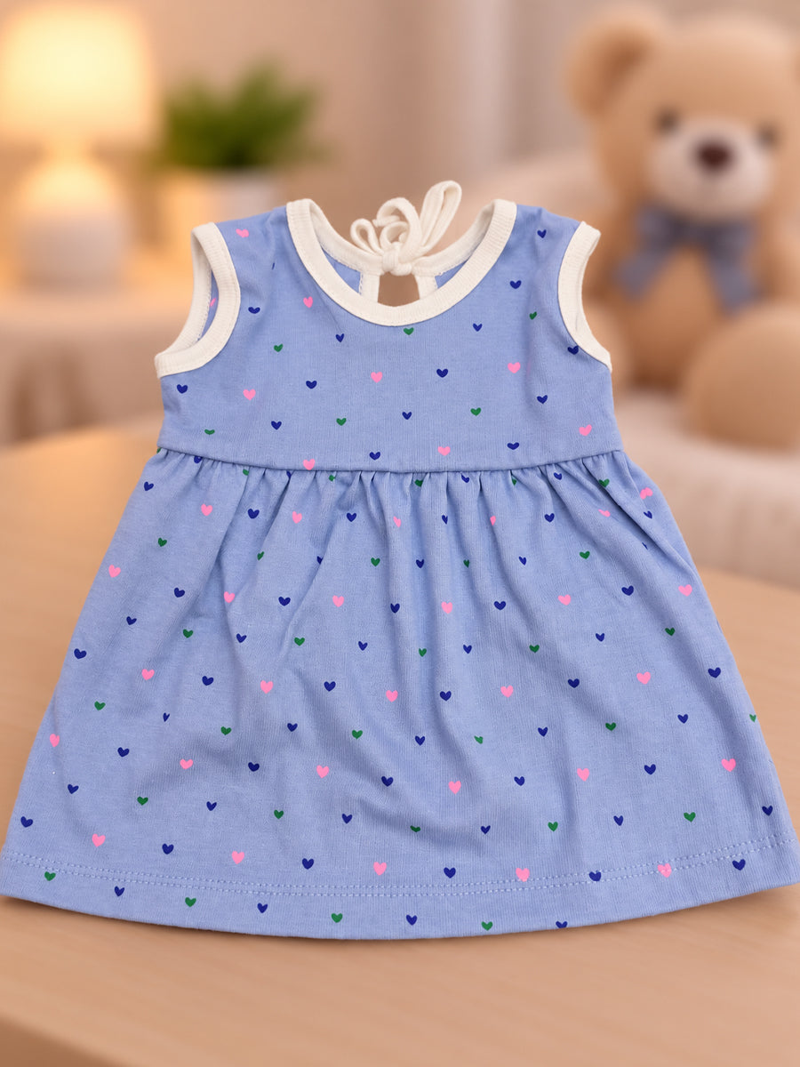 Ziva Baby Girl Frock with Pantie – Periwinkle Blue Tiny Heart Print | Premium Knitted Cotton | Back Adjustable Tie | 2-Piece Set
