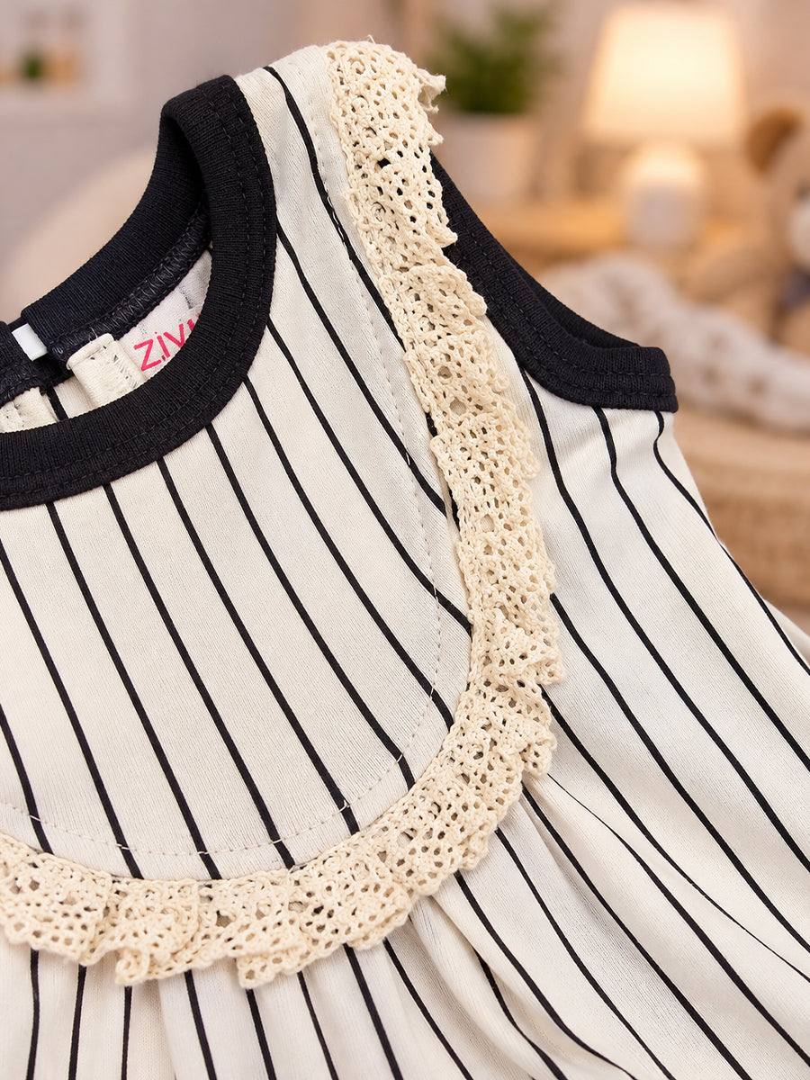 Ziva Baby Girl Frock with Pantie – Off White & Black Vertical Stripe | Elegant Lace Yoke | Premium Knitted Cotton | 2-Piece Set