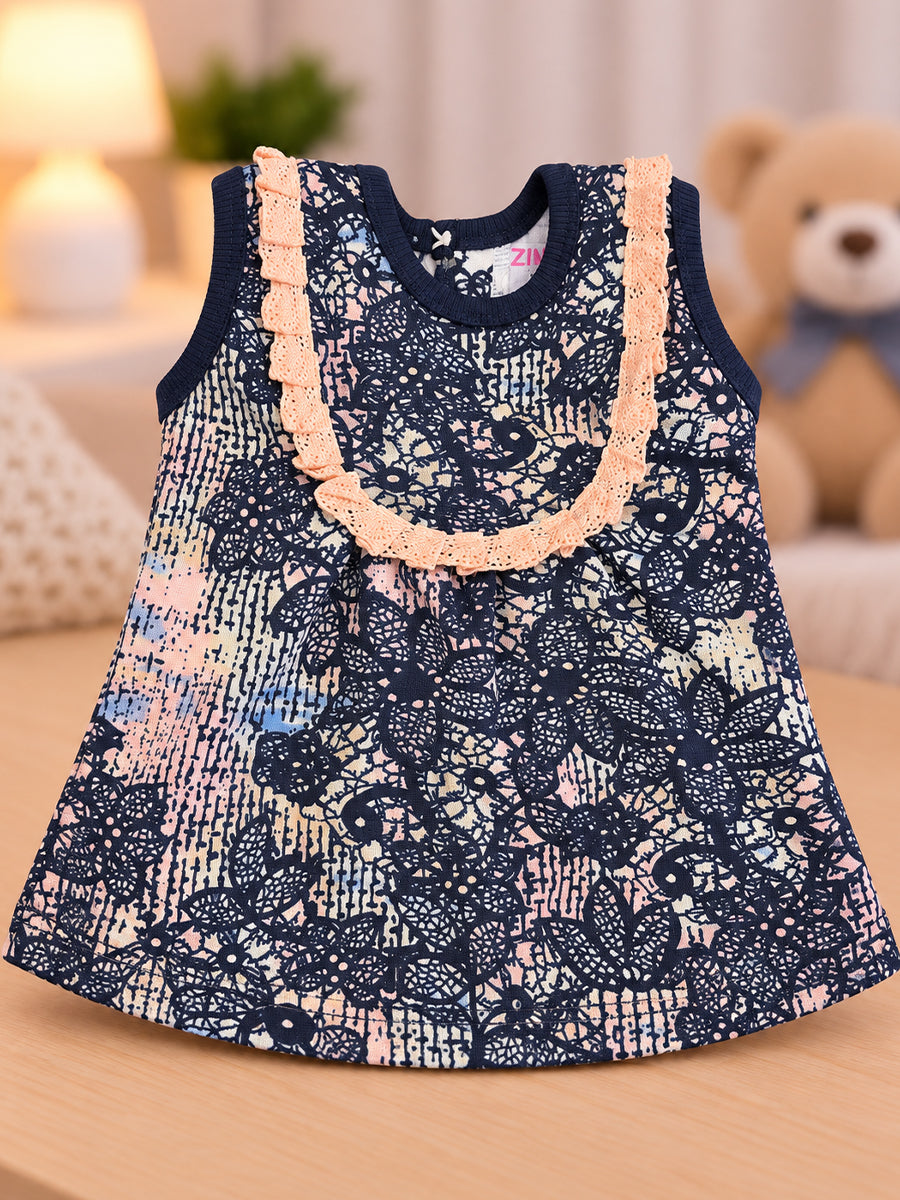 Ziva Baby Girl Frock with Pantie – Blush Peach & Navy Floral Lace Print | Premium Knitted Cotton | Lace Yoke | 2-Piece Set